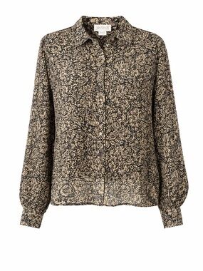Julie Francis 100% Silk Blouse Size 8 Black Tan Paisley Button Front Top